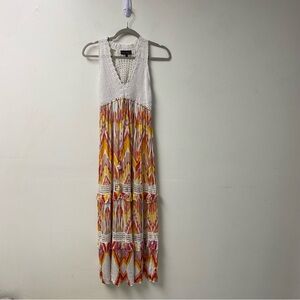 Hale Bob Bella Crochet‎ Tiered Boho Orange Pink Maxi Dress Size XS